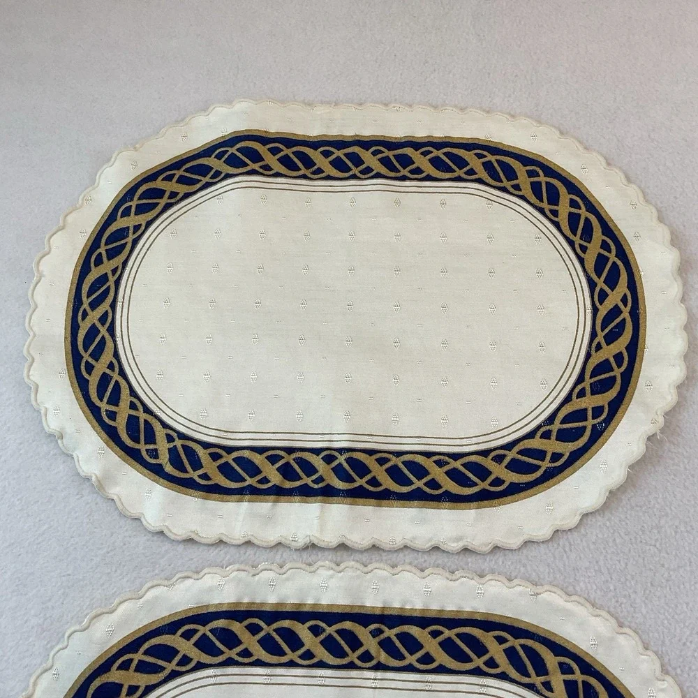 Lenox Hamilton Oval Placemats Cloth Set Of 2 Ivory Gold Navy Blue Vintage Lot #5